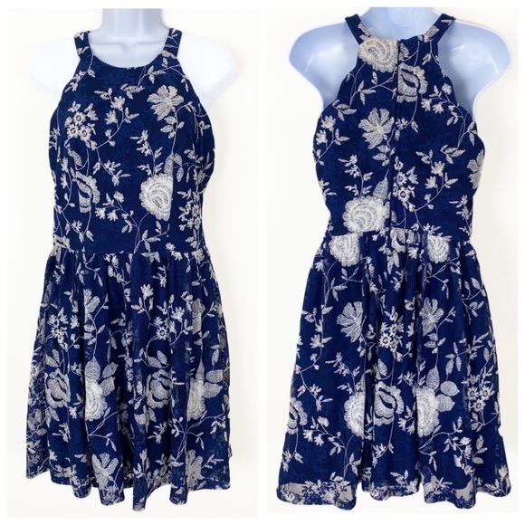 ALTAR’D STATE Navy Blue White Embroidered Floral Lace Mesh Halter Dress Medium - Picture 1 of 7